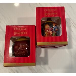 Disney Store 1999 Christmas to Remember Winnie Pooh Glass Ornament Lot of 2 NIB